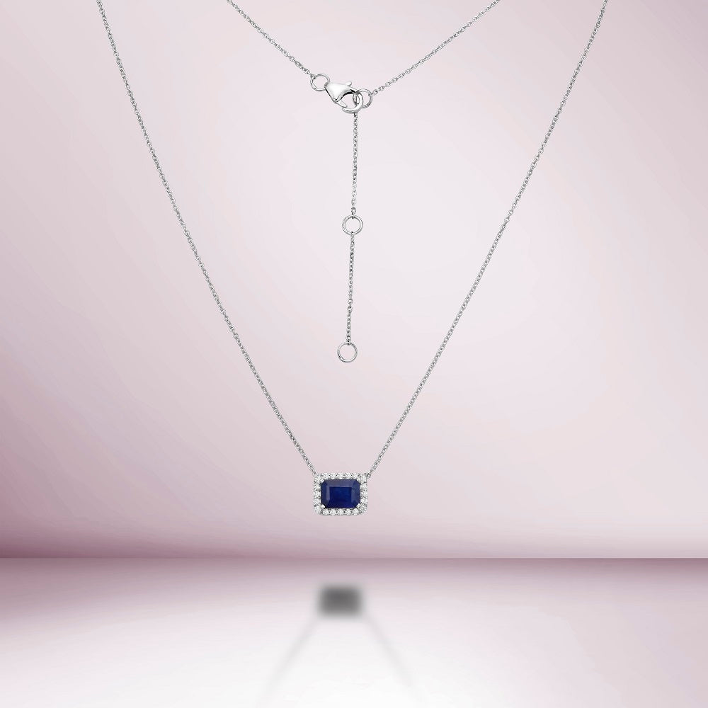Emerald Cut Sapphire & Diamond Halo Necklace (1.56 ct.) in 14K Gold