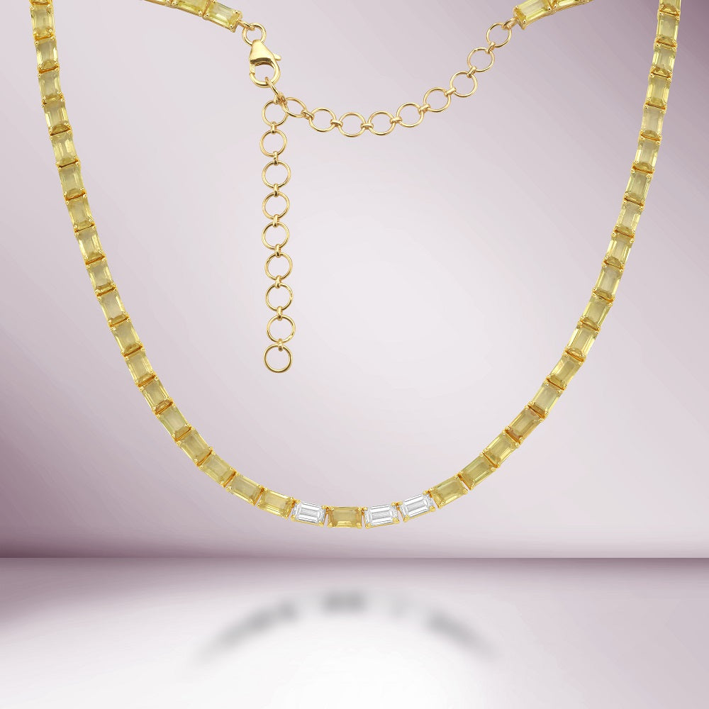 Baguette Shape Yellow Sapphire & Baguette Diamond Choker Necklace (20.23ct.) 4-Prongs Setting in 18K Gold