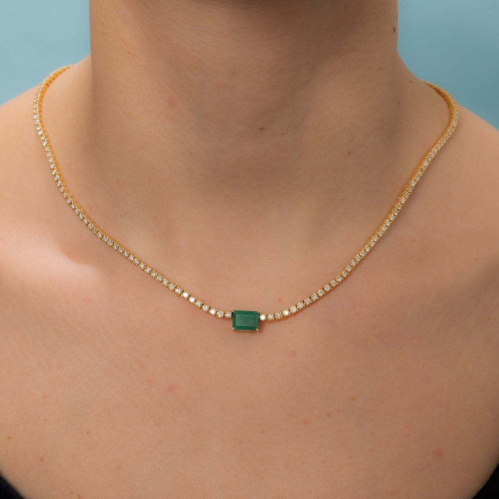 Diamond Tennis Necklace With Emerald Cut Emerald 7.20x5mm (5.50 ct.) 2 mm 4-Prongs in 14K Gold
