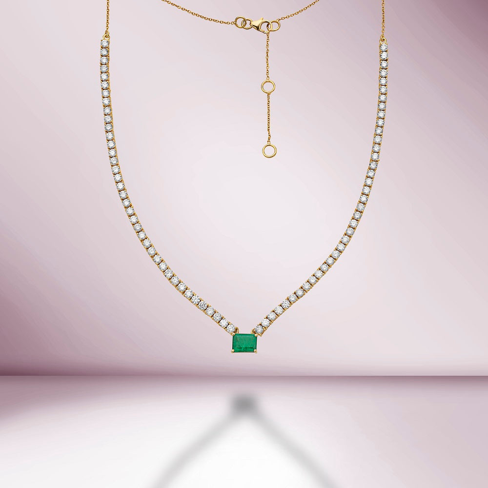 Half Way Diamond Tennis Necklace With Emerald Cut Emerald (7.50 ct.) 2 mm 4-Prongs in 14K Gold