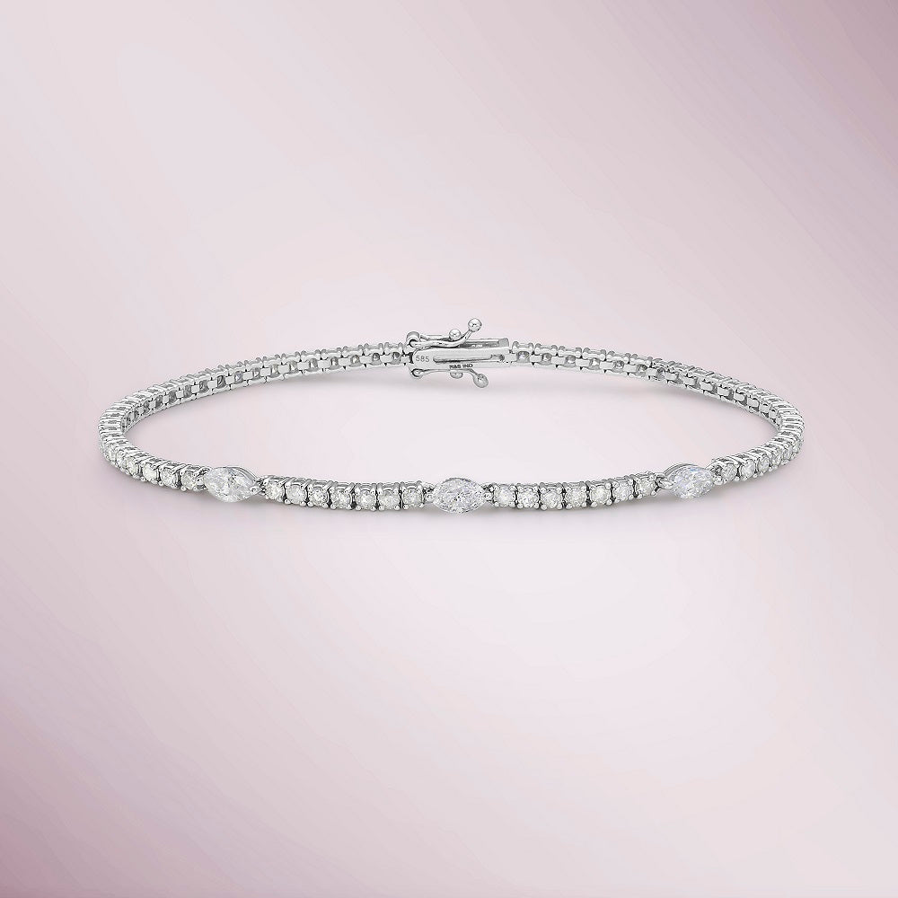 Round & Marquise Shape Diamond Tennis Bracelet (3.00 ct.) 4-Prongs Setting in 14K Gold