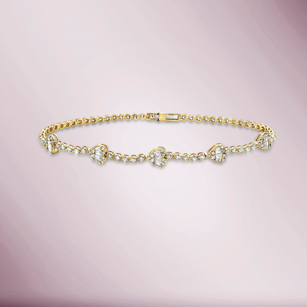 Round & Baguette Diamonds Heart Shape Tennis Bracelet (1.70 ct.) Buttercup Setting in 14K Gold