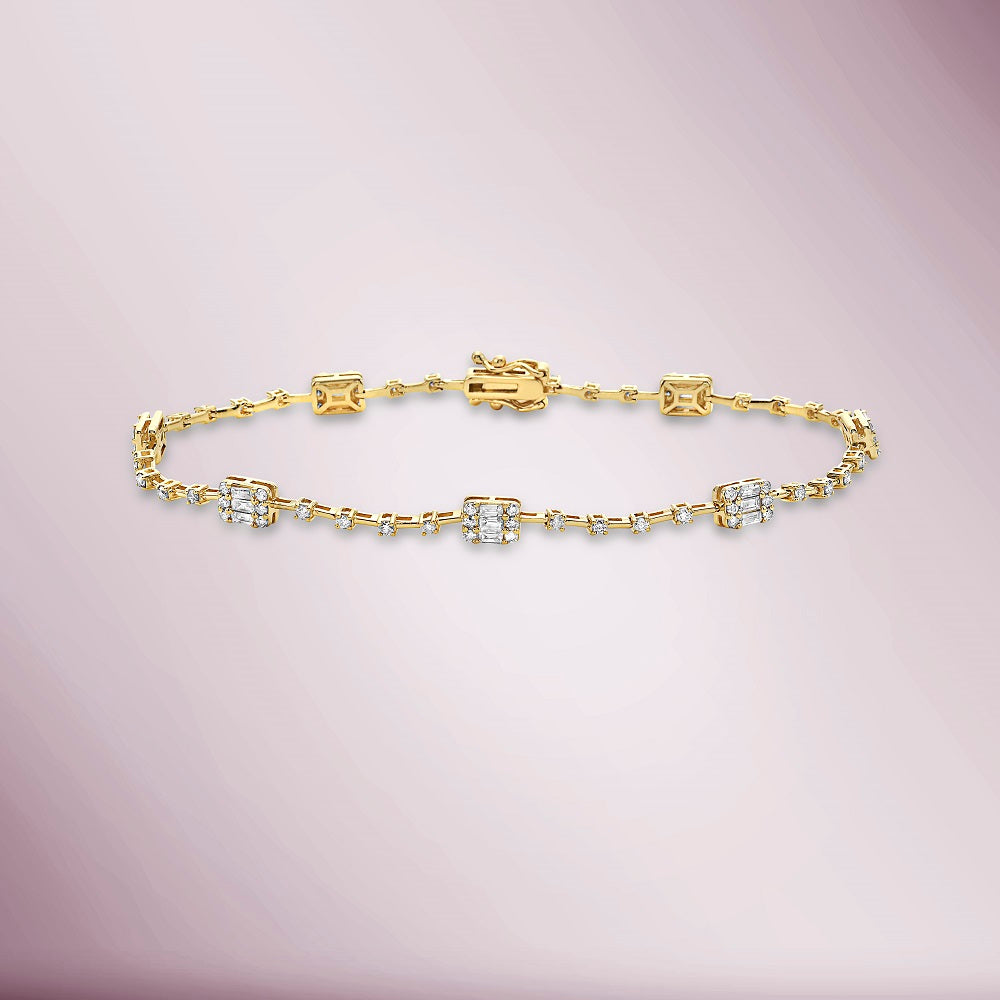 Round & Baguette Diamonds Rectangular Shape Link Bracelet (1.75 ct.) Buttercup Setting in 14K Gold