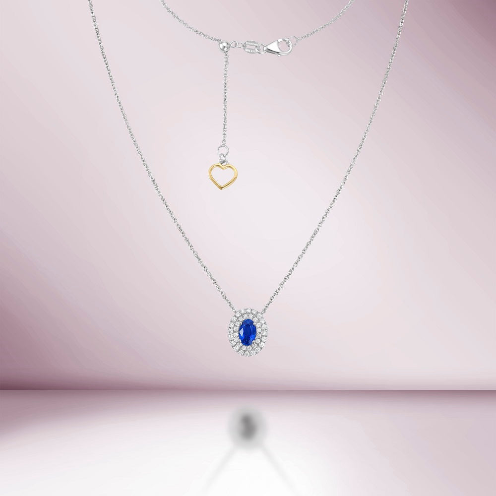 Oval Blue Sapphire With Diamond Double Halo Necklace (0.73 ct.) in 18K Gold