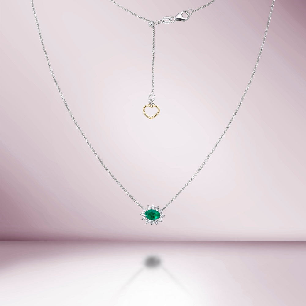Oval Shape Emerald & Diamond Necklace (0.60 ct.) in 18K Gold