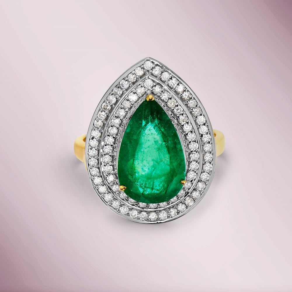 Pear Shape Emerald & Double Diamond Halo Engagement Ring (4.60 ct.) in 14K Gold