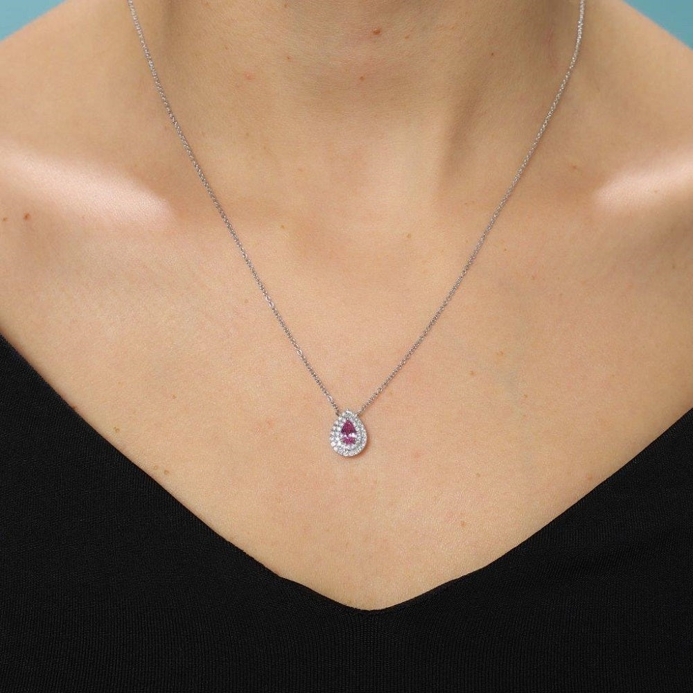 Pear Shape Pink Sapphire With Diamond Halo Necklace (0.73 ct.) in 18K Gold