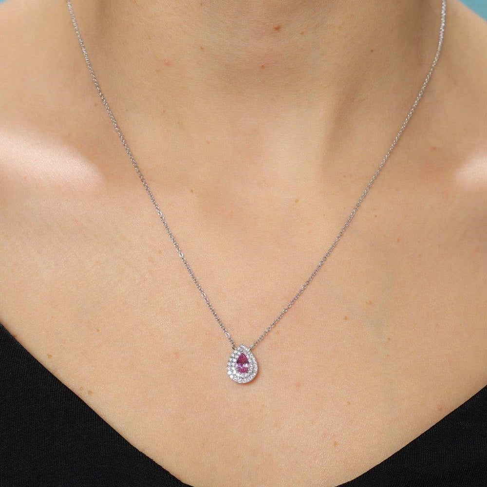 Pear Shape Pink Sapphire With Diamond Halo Necklace (0.73 ct.) in 18K Gold