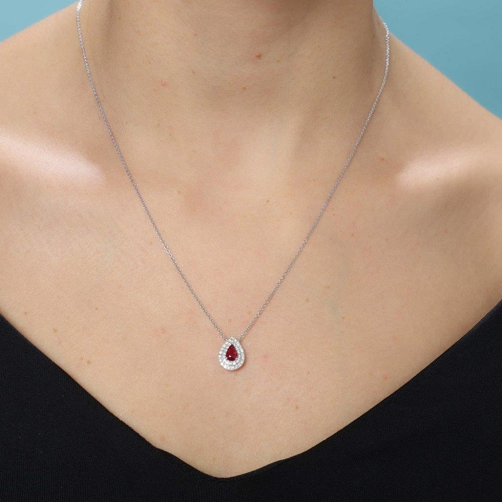 Pear Shape Red Ruby With Diamond Halo Necklace (0.73 ct.) in 18K Gold