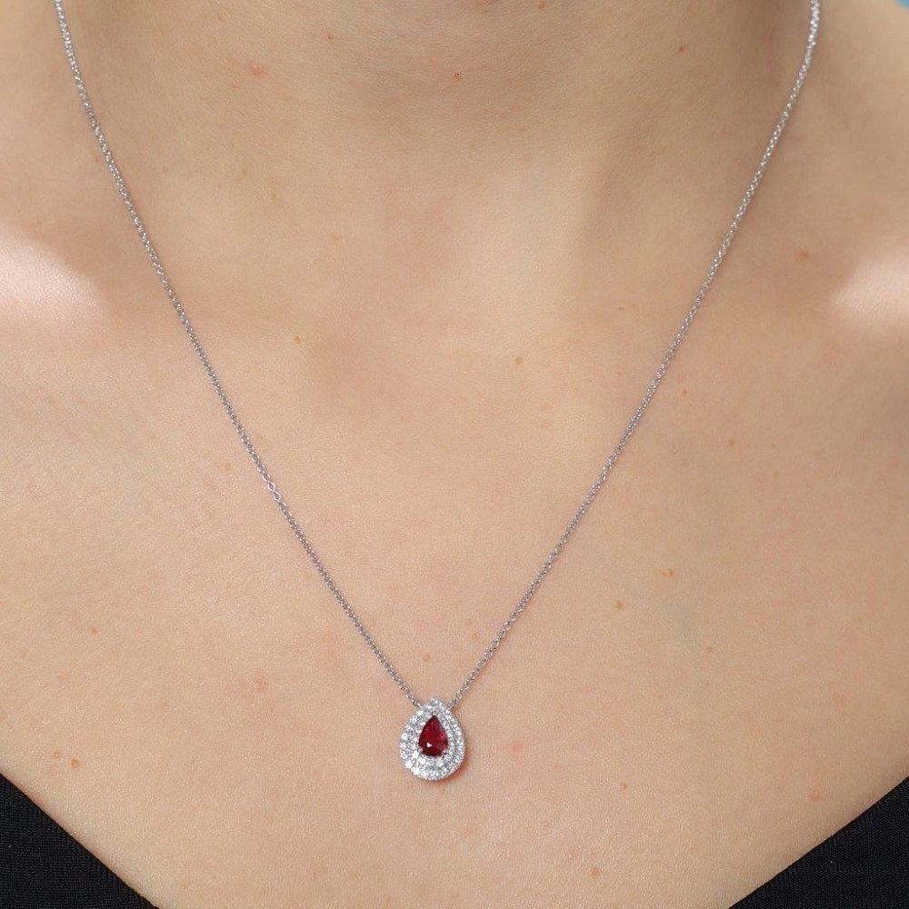 Pear Shape Red Ruby With Diamond Halo Necklace (0.73 ct.) in 18K Gold
