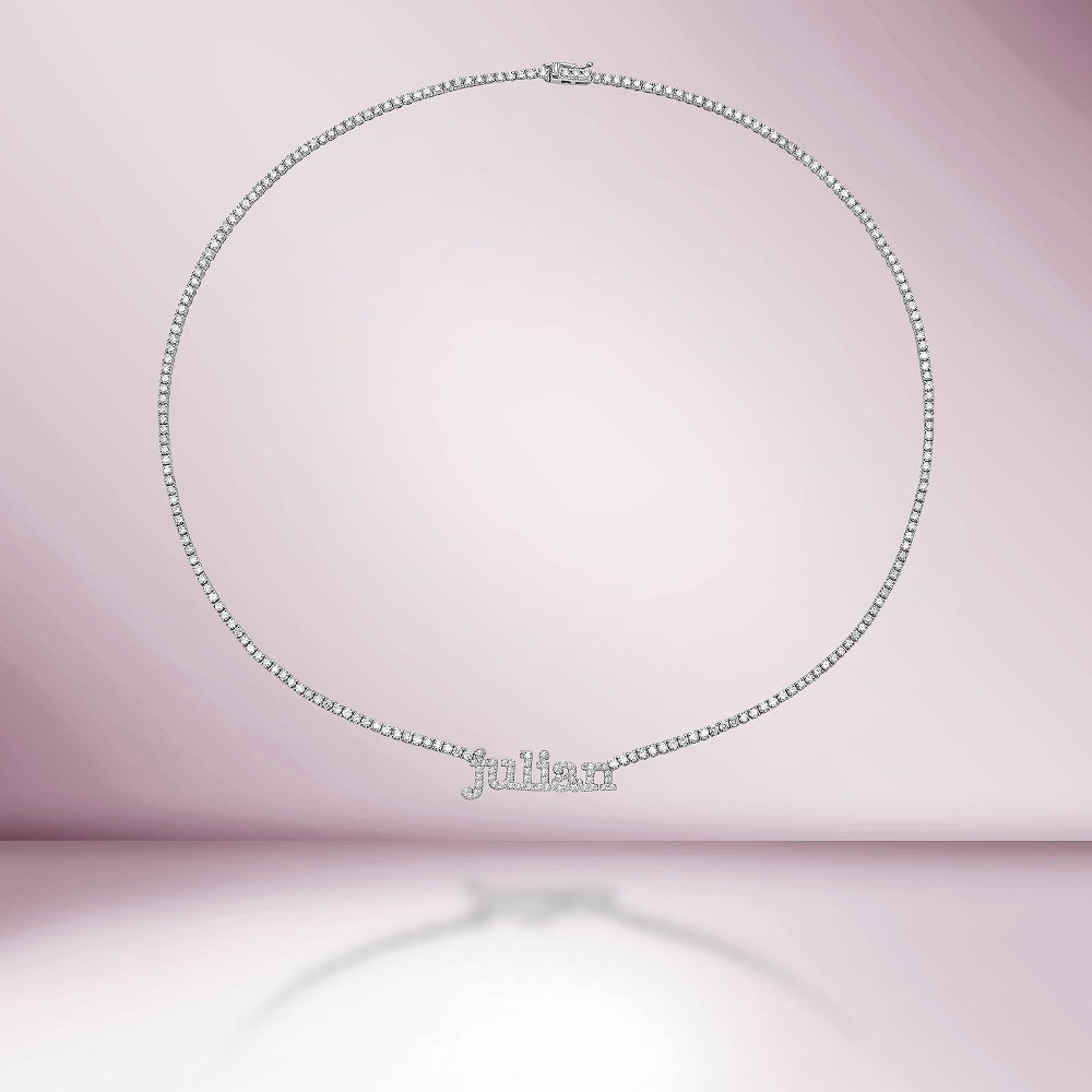 Custom Name Plate Diamond Tennis Necklace ( 5.00 ct.) 1.7 mm 4-Prongs Setting in 14K Gold