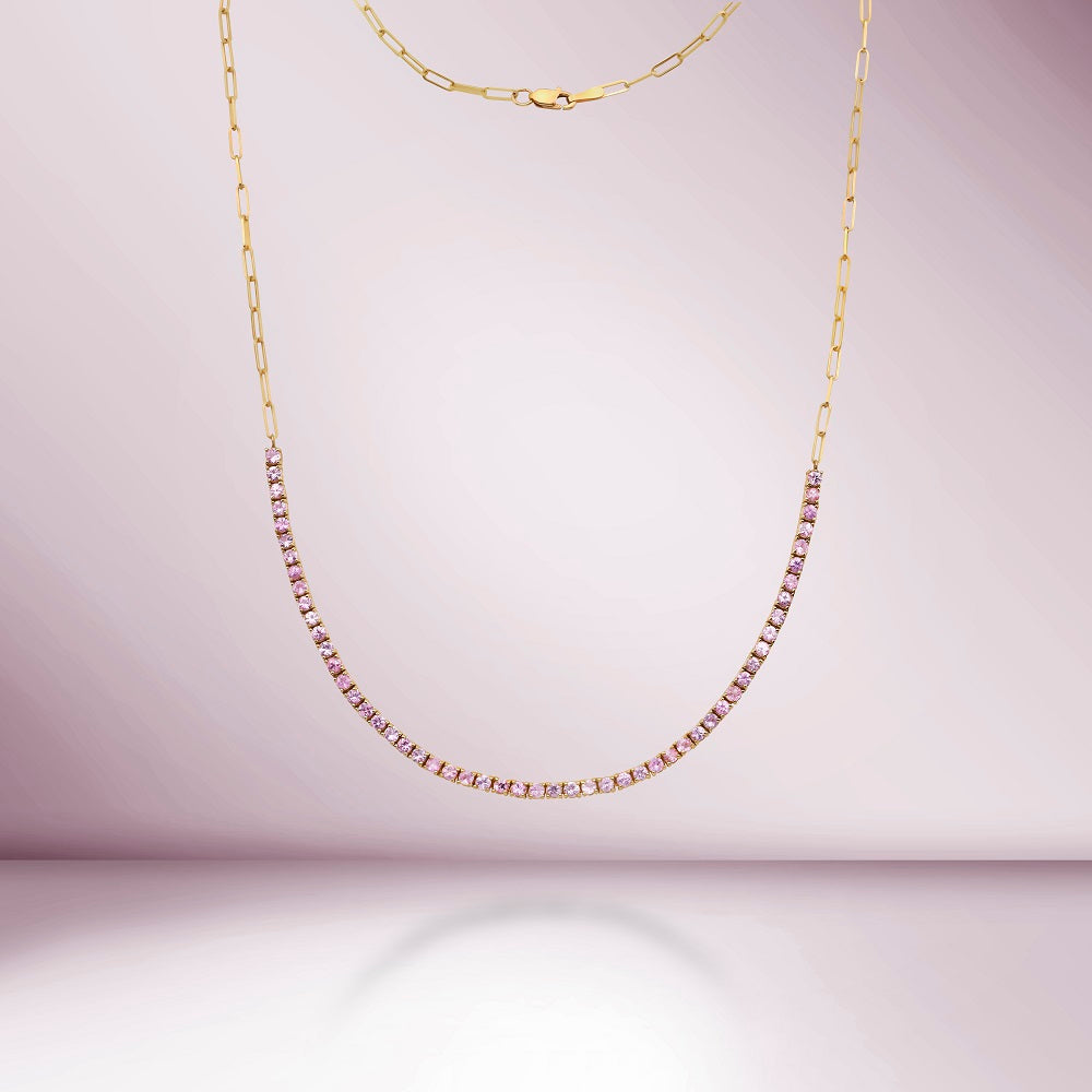 HalfWay Pink Sapphire Tennis Necklace With Paperclip Chain (4.70 ct.) 4-Prongs Setting in 14K Gold