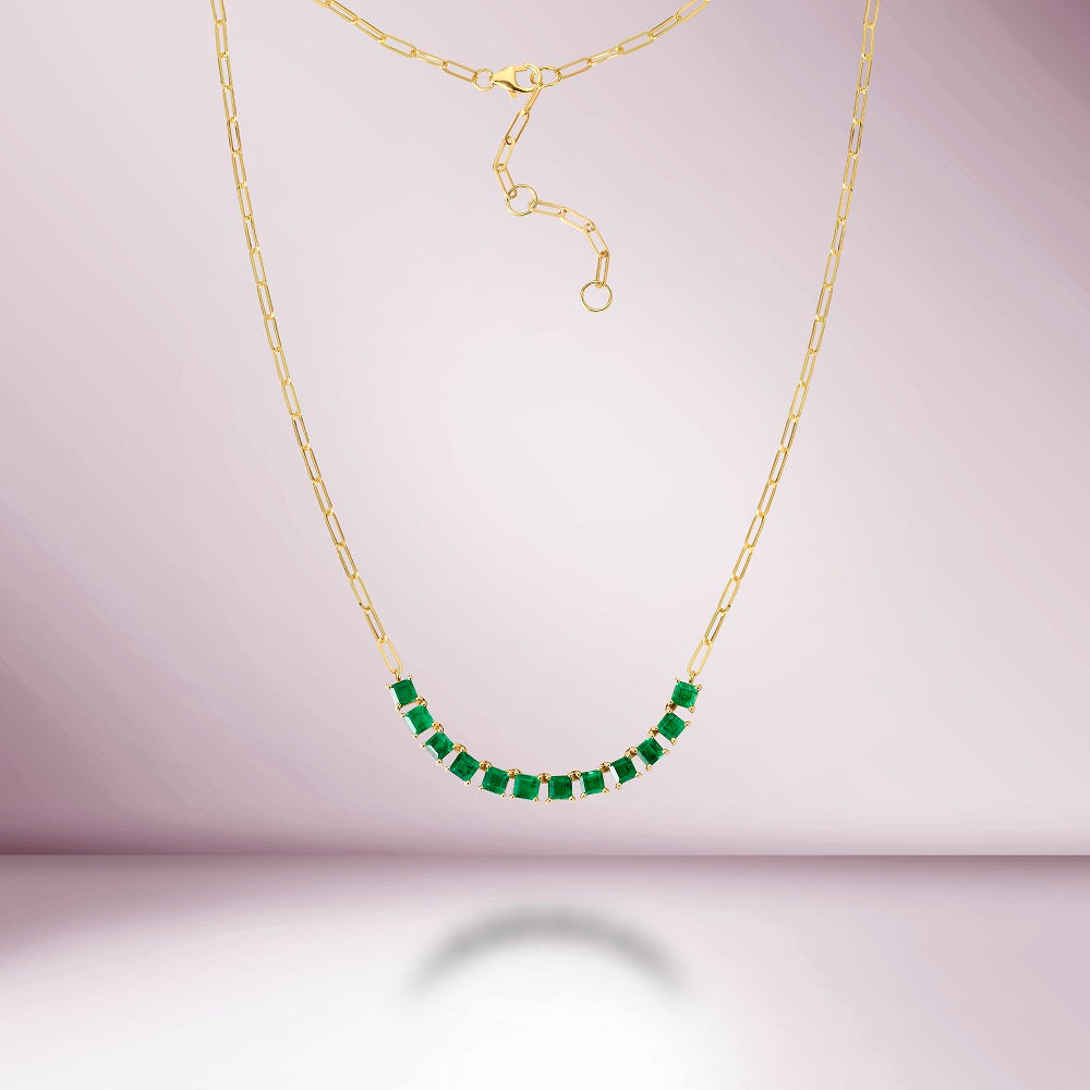 Princess Cut Emerald Necklace With Paper Clip Chain (3.00 ct.) in 14K Gold