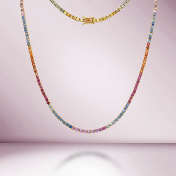 Rainbow Multi Color Sapphire Tennis Necklace (12.60 ct.) 4-Prongs Setting in 14K Gold