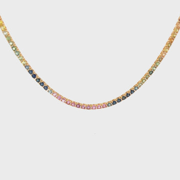 Rainbow Multi Color Sapphire Tennis Necklace (12.60 ct.) 4-Prongs Setting in 14K Gold