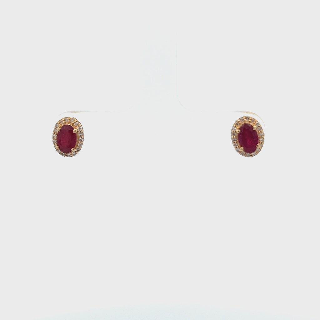 Red Ruby Oval Shape Halo Diamonds Studs Earrings (1.40 ct.) in 14K Gold