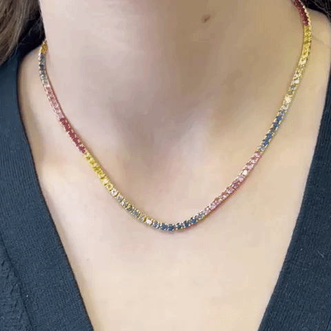 Rainbow Multi Color Sapphire Tennis Necklace (12.60 ct.) 4-Prongs Setting in 14K Gold