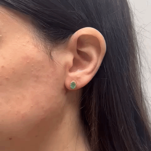 Emerald Oval Shape With Halo Diamonds Studs Earrings (0.95 ct.) in 14K Gold